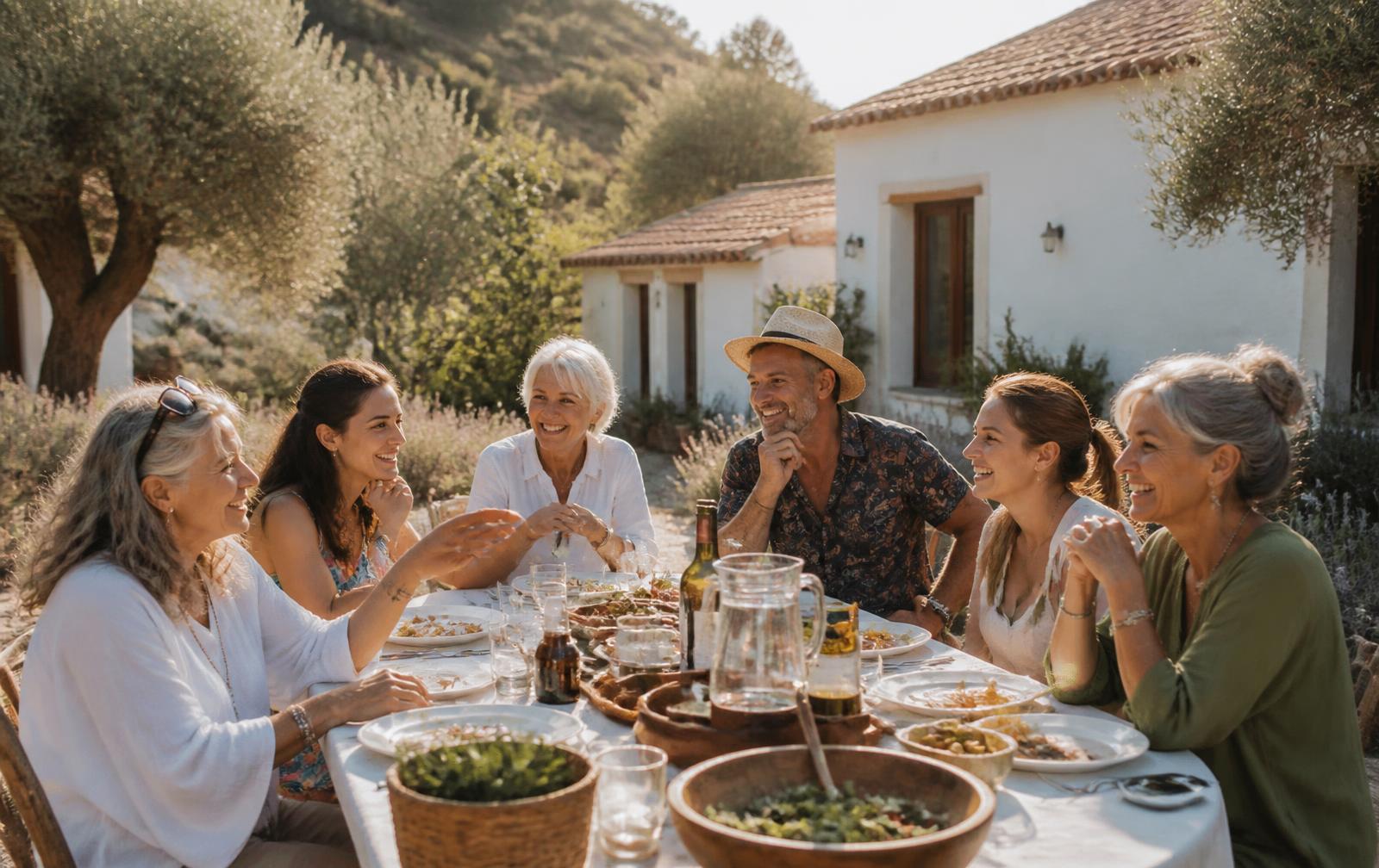 Residents of a cohousing community eating together outside by Spanish casitas